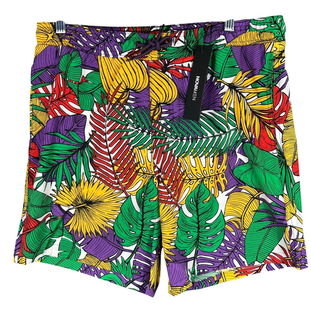 NovaMEN Mesh Lined‎ Swim Trunks Mens M Multicolor Tropical Leaf Beach Hawaiian